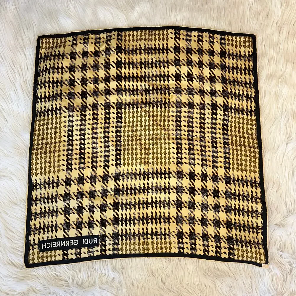 Rudi Gernreich Vintage 100% Silk Houndstooth Plaid Square Scarf Hand Rolled